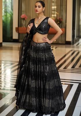 Black Embroidered Silk Lehenga Set With Dupatta