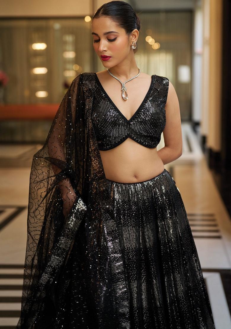 Black Embroidered Silk Lehenga Set With Dupatta