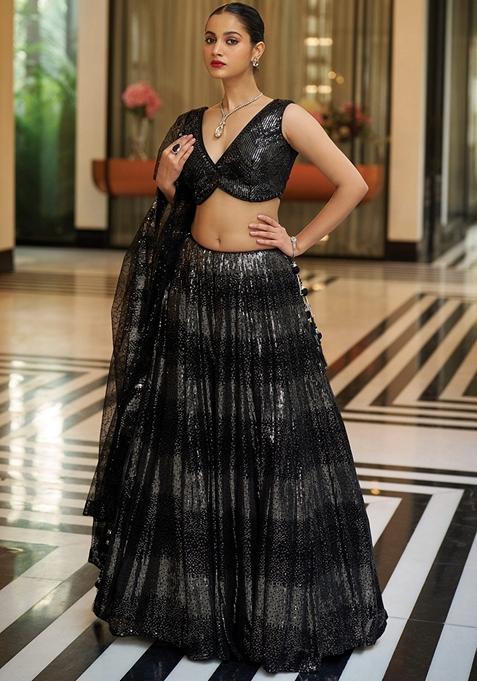 Black Embroidered Silk Lehenga Set With Dupatta