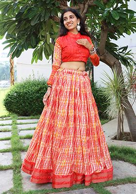 Red Printed Pure Tussar Silk Lehenga set