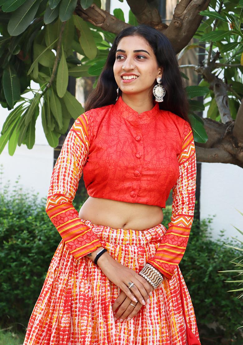 Red Printed Pure Tussar Silk Lehenga set