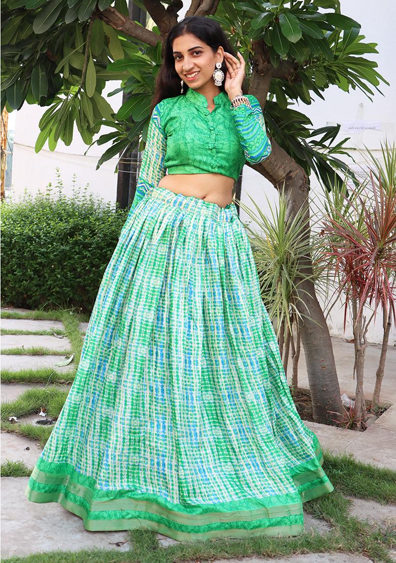 Green Printed Pure Tussar Silk Lehenga set