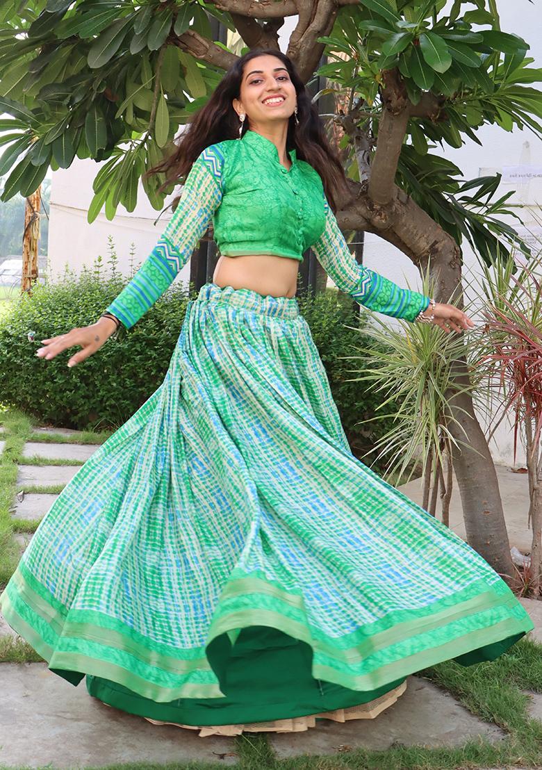 Green Printed Pure Tussar Silk Lehenga set