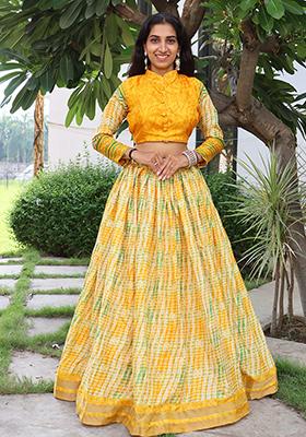 Yellow Printed Pure Tussar Silk Lehenga set