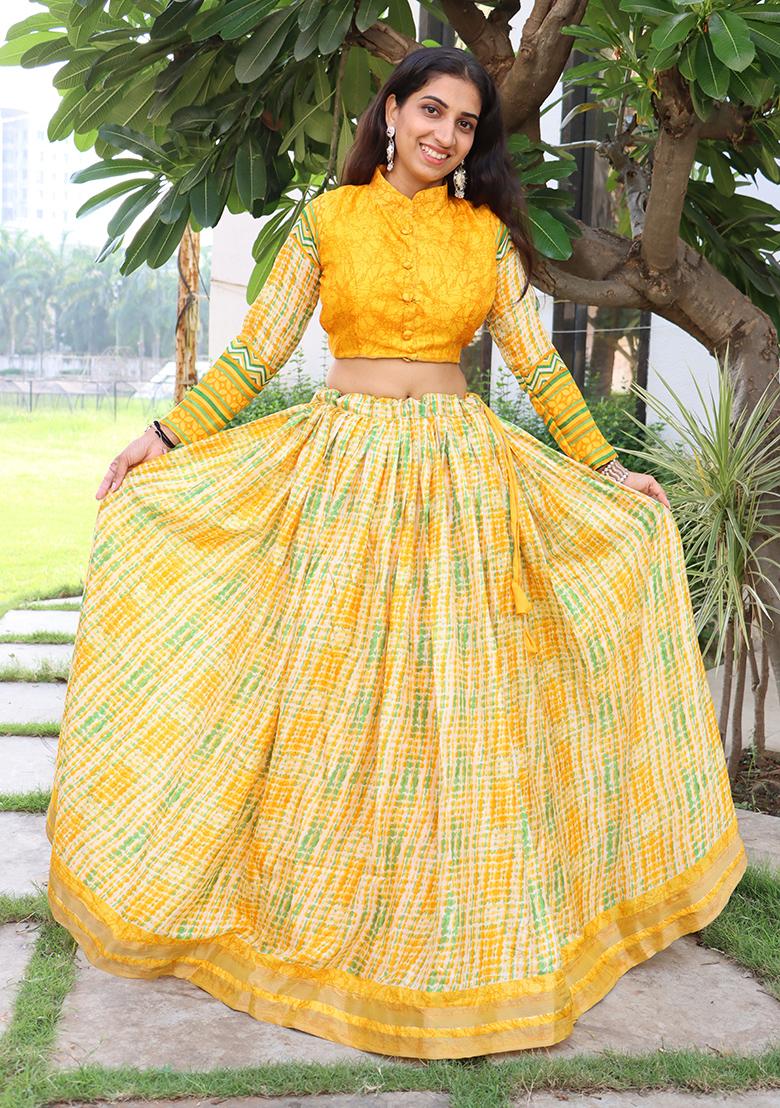 Yellow Printed Pure Tussar Silk Lehenga set