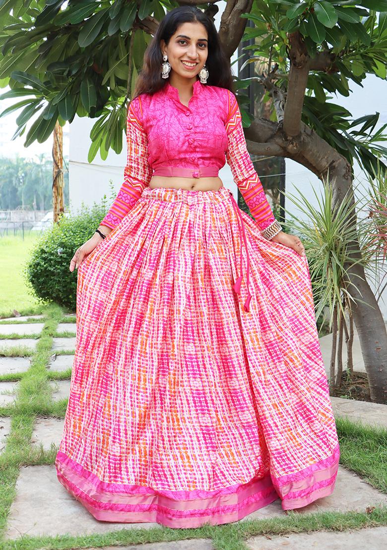 Pink Printed Pure Tussar Silk Lehenga set
