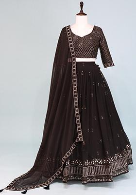 Black Embroidered Georgette Lehenga Set With Dupatta