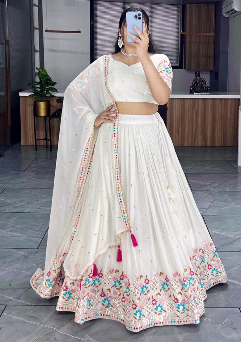Off White Embroidered Georgette Lehenga Set With Dupatta