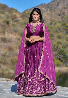 Wine Embroidered Heavy Chinon Lehenga Set With Dupatta