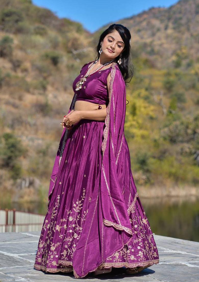 Wine Embroidered Heavy Chinon Lehenga Set With Dupatta