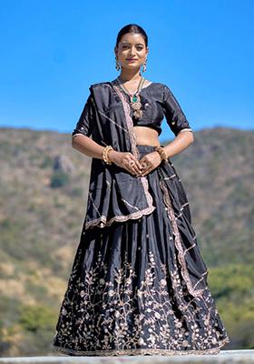 Black Embroidered Heavy Chinon Lehenga Set With Dupatta