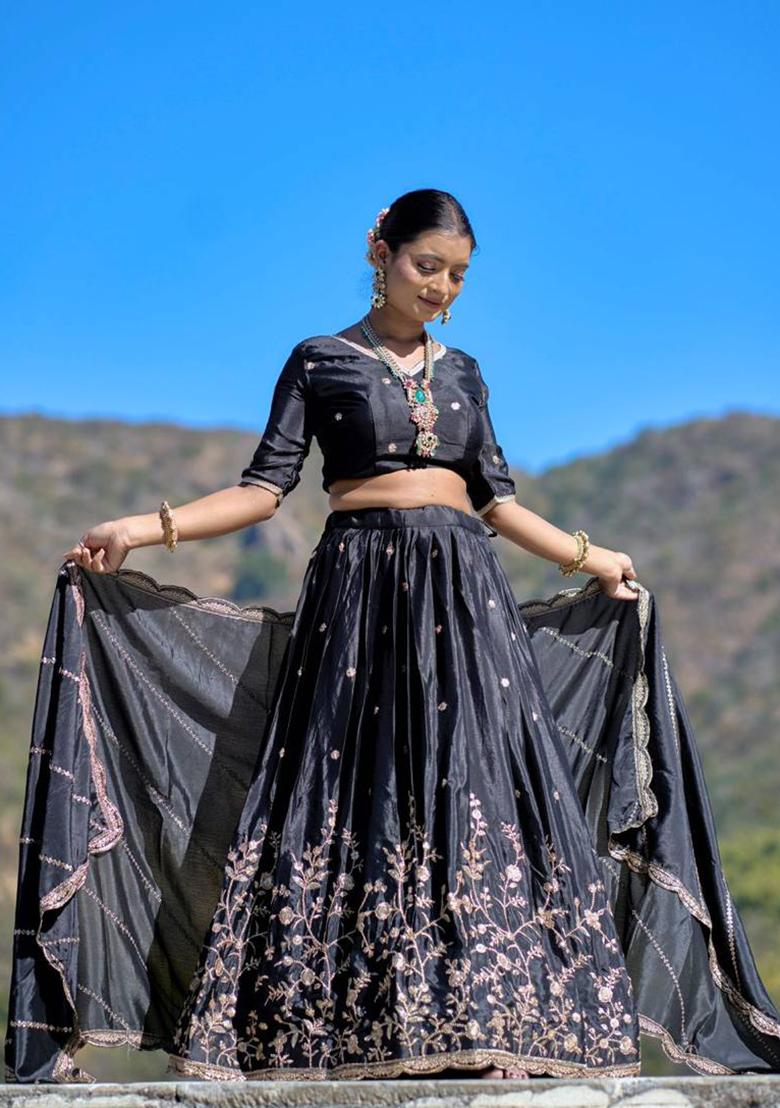 Black Embroidered Heavy Chinon Lehenga Set With Dupatta