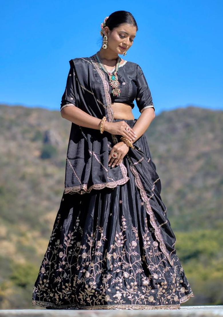 Black Embroidered Heavy Chinon Lehenga Set With Dupatta