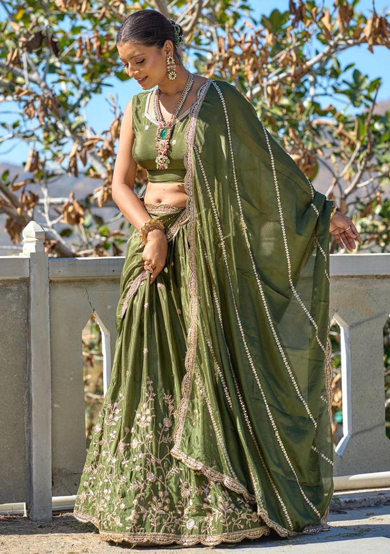 Mehendi Green Embroidered Heavy Chinon Lehenga Set With Dupatta