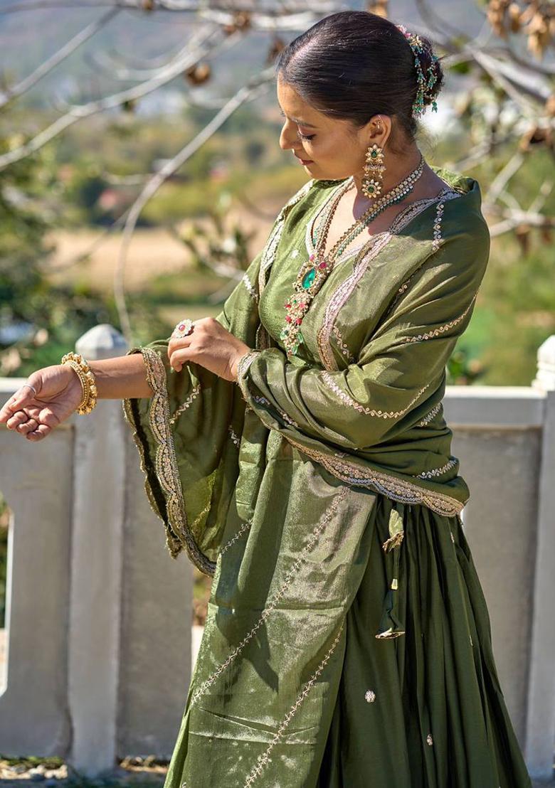 Mehendi Green Embroidered Heavy Chinon Lehenga Set With Dupatta