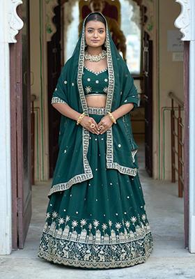Green Embroidered Georgette Lehenga Set With Dupatta