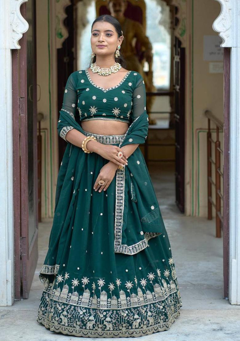 Green Embroidered Georgette Lehenga Set With Dupatta