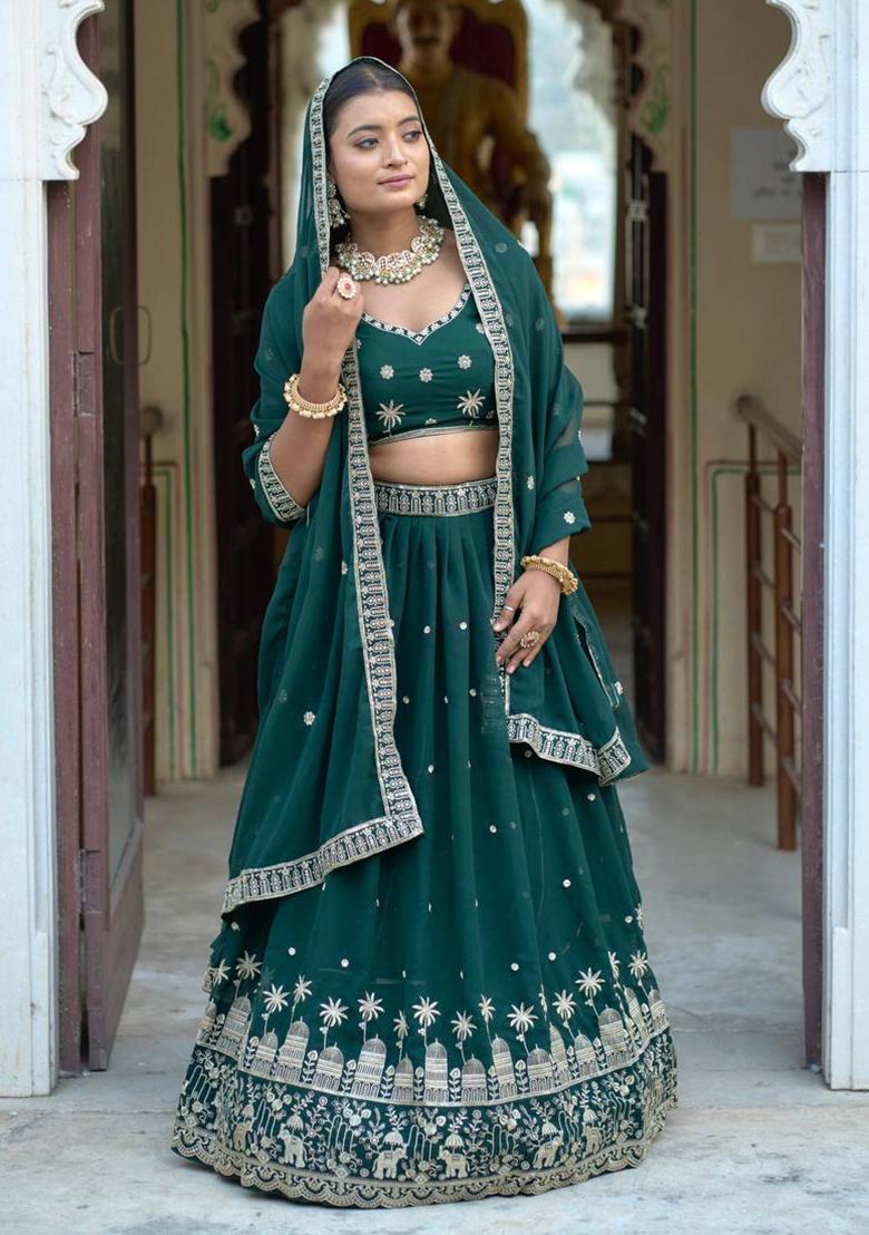 Green Embroidered Georgette Lehenga Set With Dupatta