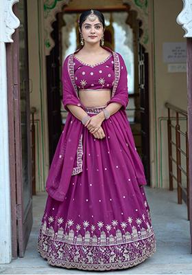 Wine Embroidered Georgette Lehenga Set With Dupatta