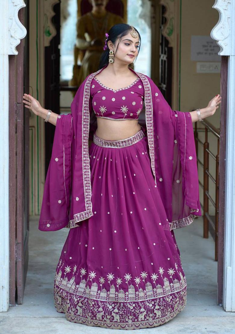Wine Embroidered Georgette Lehenga Set With Dupatta