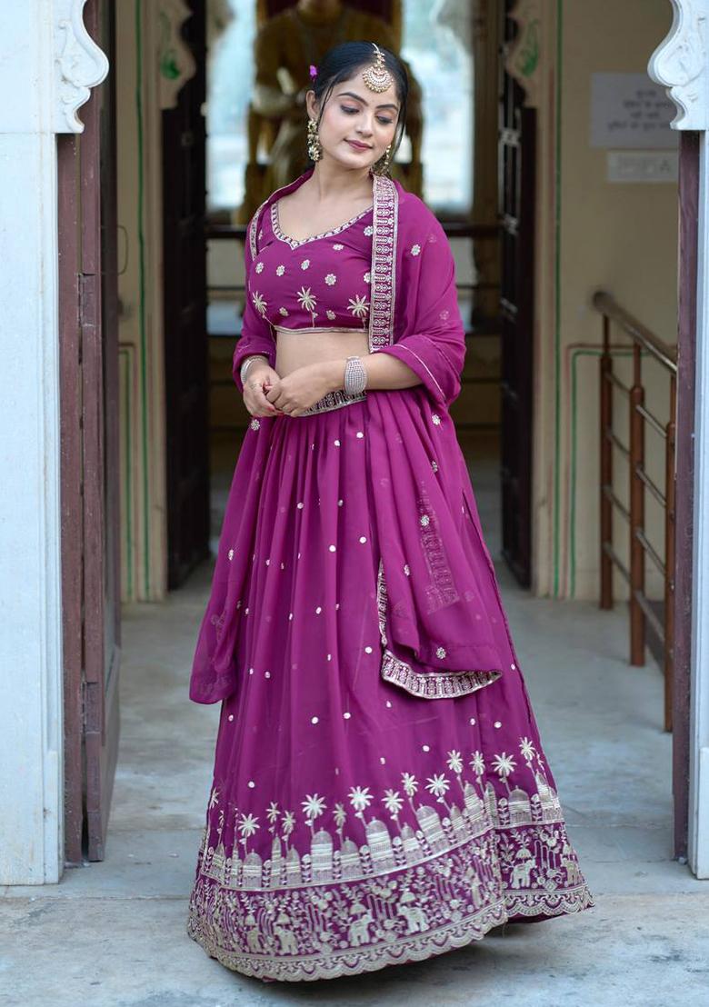 Wine Embroidered Georgette Lehenga Set With Dupatta