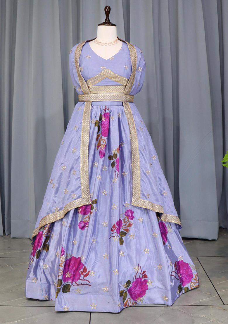 Firozi Blue Embroidered Chinon Lehenga Set With Dupatta