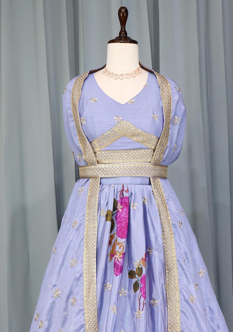 Firozi Blue Embroidered Chinon Lehenga Set With Dupatta