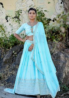 Sky Blue Embroidered Chinon Lehenga Set With Dupatta