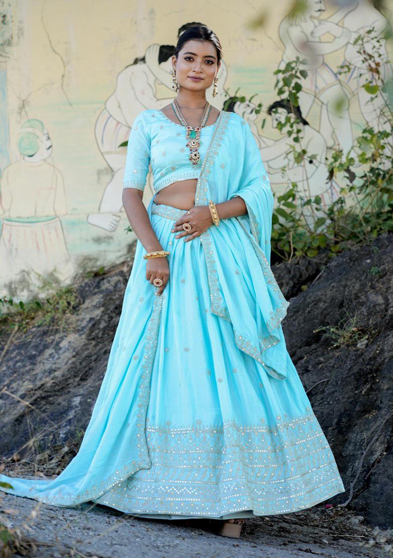 Sky Blue Embroidered Chinon Lehenga Set With Dupatta