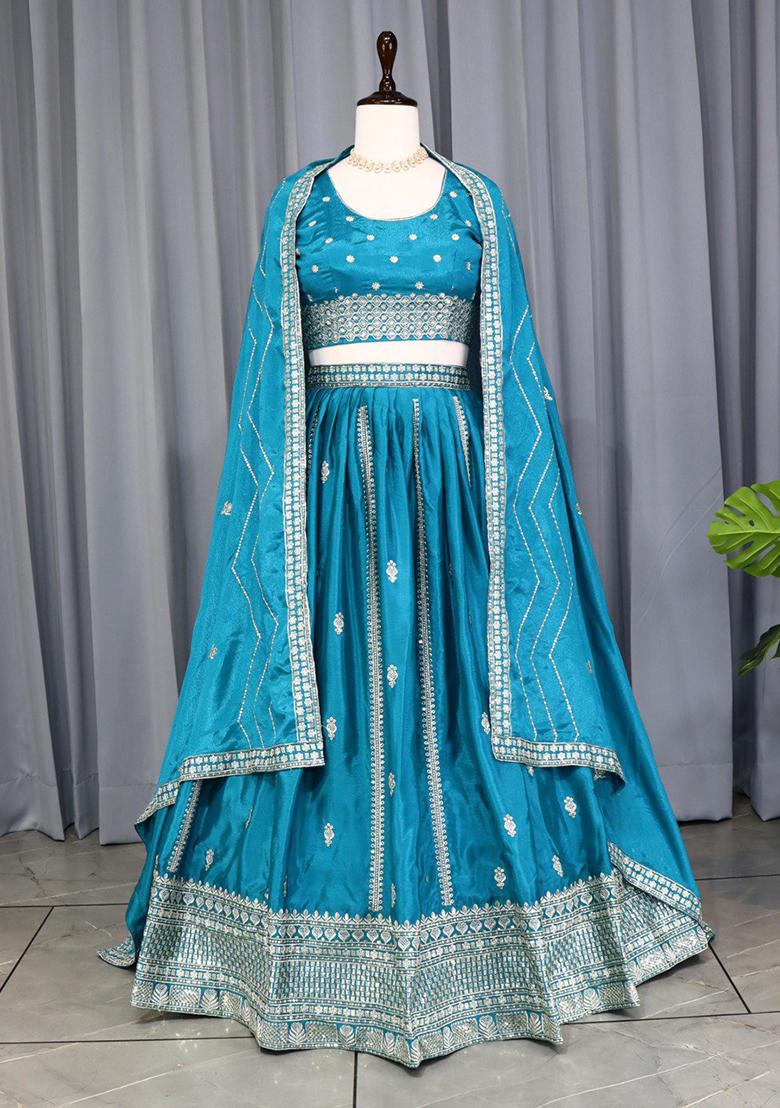 Firozi Blue Embroidered Heavy Chinon Lehenga Set With Dupatta