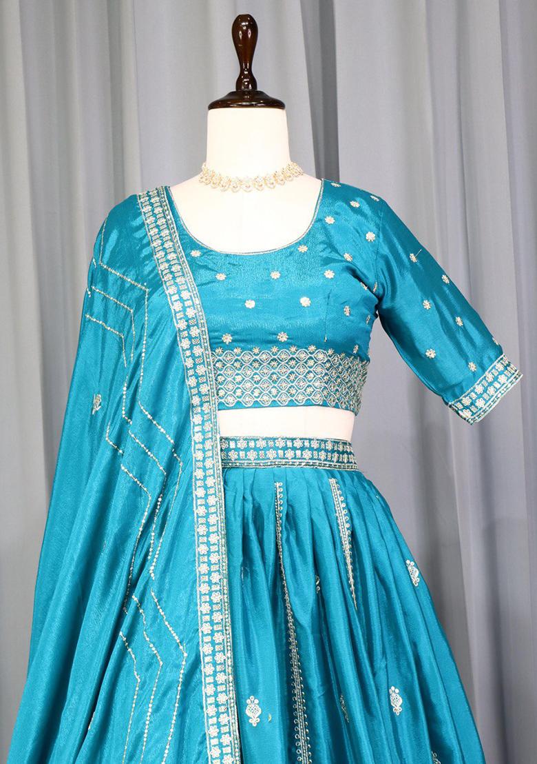 Firozi Blue Embroidered Heavy Chinon Lehenga Set With Dupatta