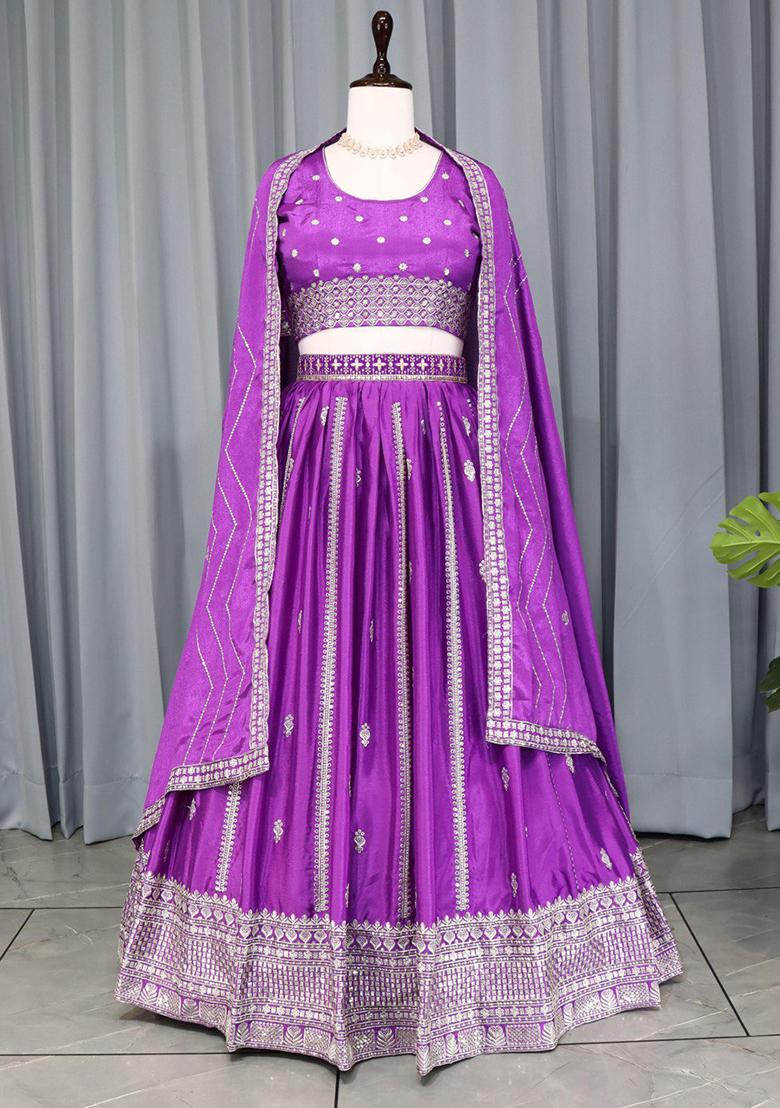 Purple Embroidered Heavy Chinon Lehenga Set With Dupatta