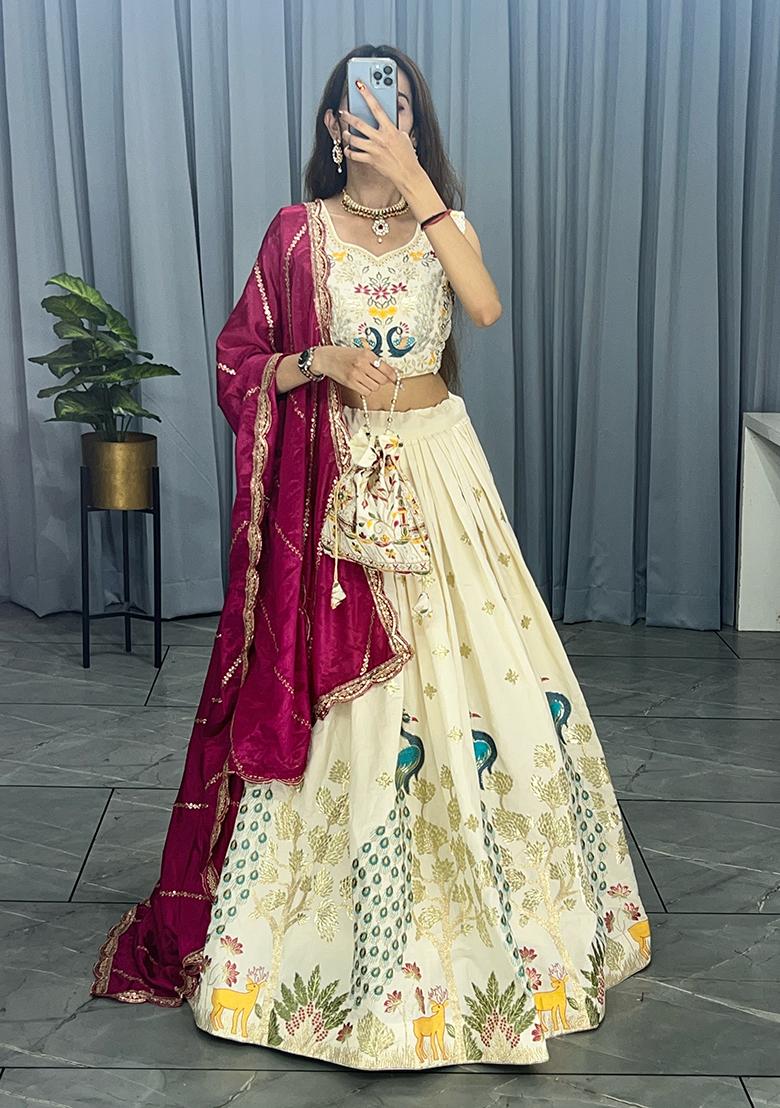 Rani Pink Embroidered Pure Cotton Lehenga Set With Dupatta