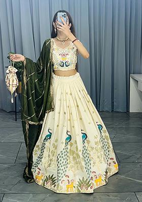 Mehendi Green Embroidered Pure Cotton Lehenga Set With Dupatta