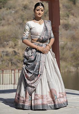 Grey Printed Pure Manipuri Silk Lehenga Set With Dupatta