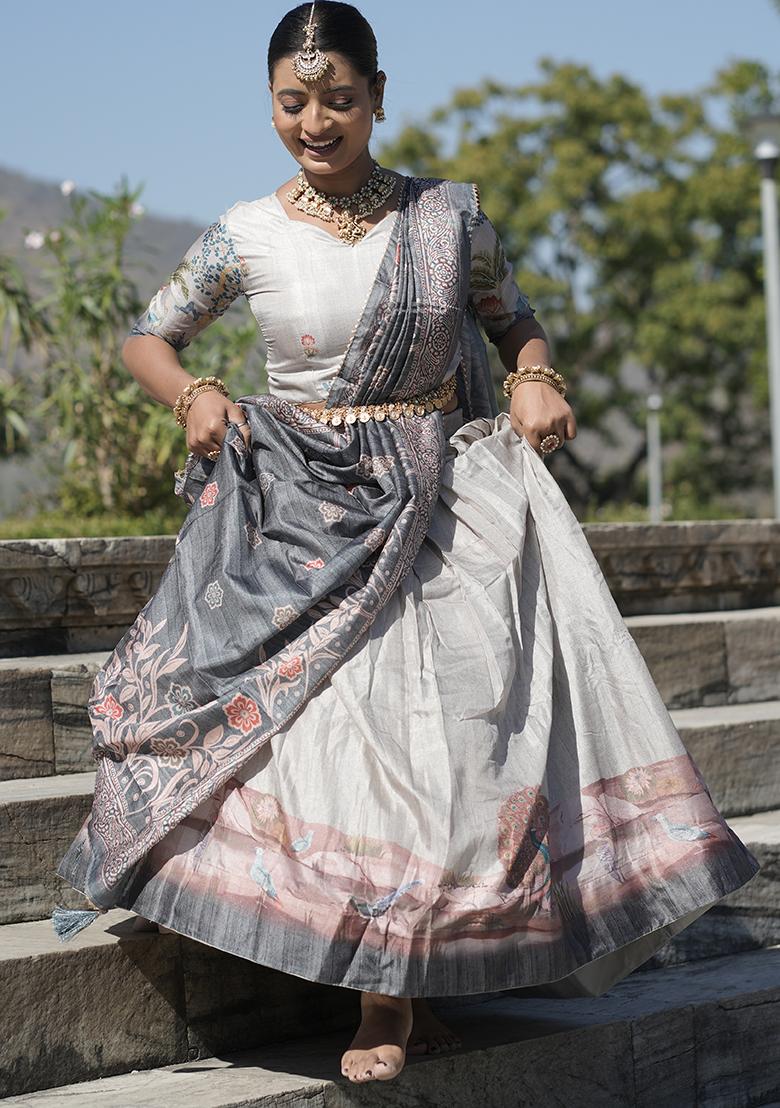 Grey Printed Pure Manipuri Silk Lehenga Set With Dupatta
