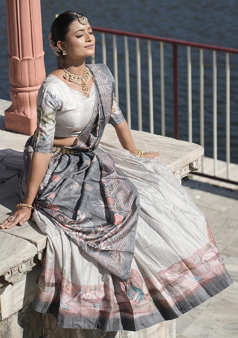 Grey Printed Pure Manipuri Silk Lehenga Set With Dupatta