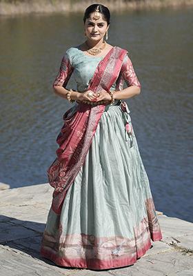 Pink Printed Pure Manipuri Silk Lehenga Set With Dupatta