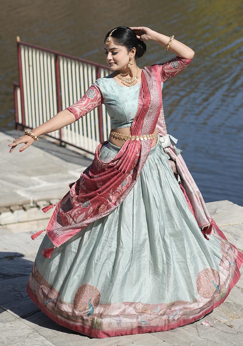 Pink Printed Pure Manipuri Silk Lehenga Set With Dupatta