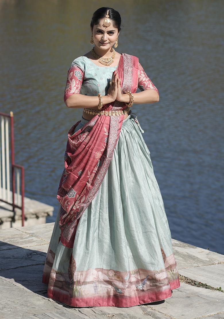 Pink Printed Pure Manipuri Silk Lehenga Set With Dupatta