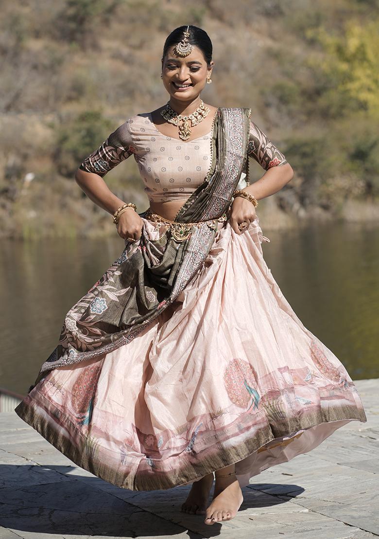 Pista Green Printed Pure Manipuri Silk Lehenga Set With Dupatta