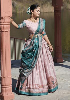 Sky Blue Printed Pure Manipuri Silk Lehenga Set With Dupatta