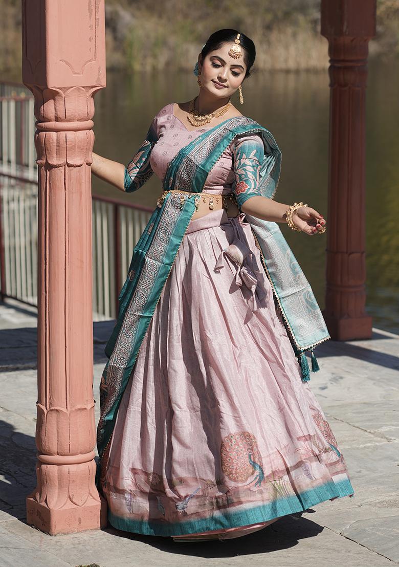 Sky Blue Printed Pure Manipuri Silk Lehenga Set With Dupatta