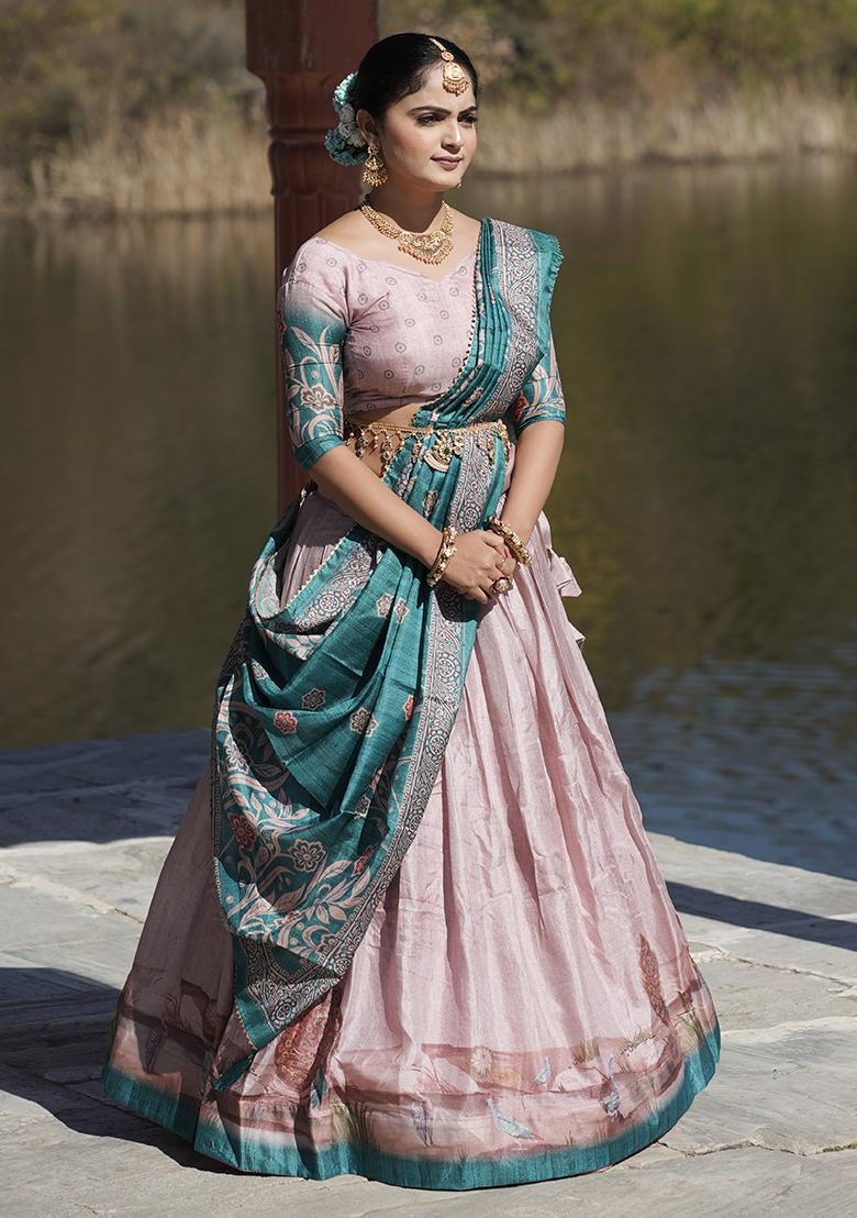 Sky Blue Printed Pure Manipuri Silk Lehenga Set With Dupatta