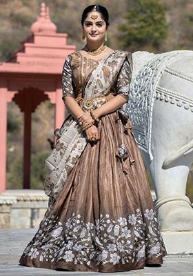 Chocolate Brown Printed Pure Manipuri Silk Lehenga Set With Dupatta
