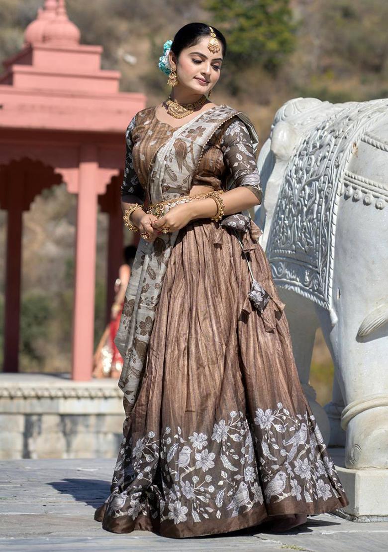 Chocolate Brown Printed Pure Manipuri Silk Lehenga Set With Dupatta