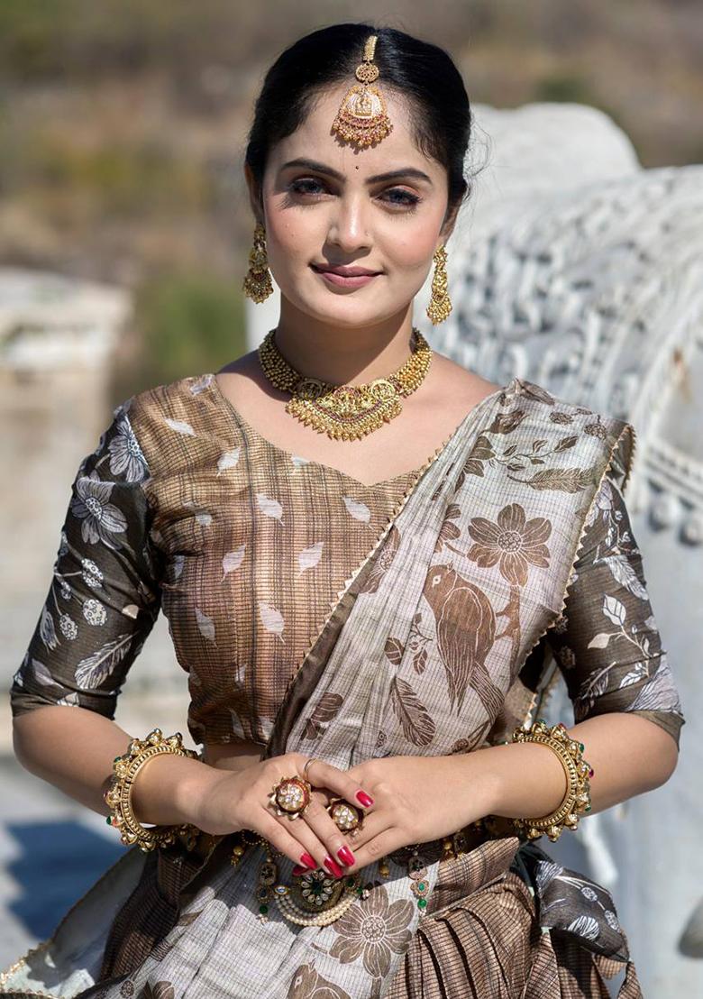 Chocolate Brown Printed Pure Manipuri Silk Lehenga Set With Dupatta