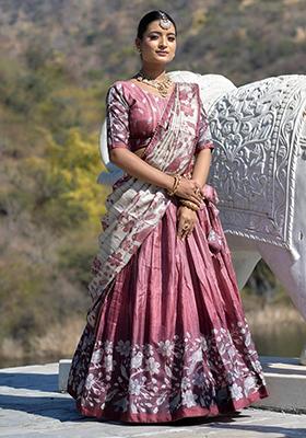 Deep Pink Printed Pure Manipuri Silk Lehenga Set With Dupatta