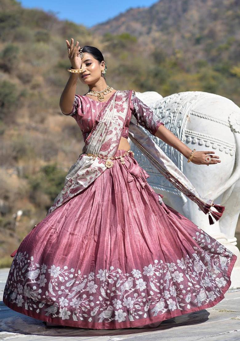 Deep Pink Printed Pure Manipuri Silk Lehenga Set With Dupatta