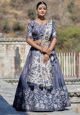 Grey Printed Pure Manipuri Silk Lehenga Set With Dupatta